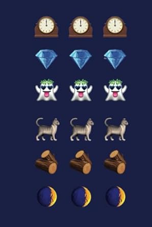 Midnight blue emoji journal. Jewel diamond, log, ghost with laurel crown, cat, mantle clock. 125 pages, blank journal