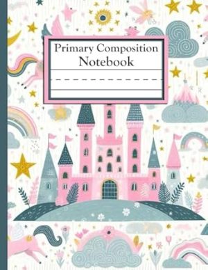 Primary Composition Notebook: Fairytale Castles, Unicorns, Stars and Clouds, With a Patterned Background in Pastel Colors | Dotted Midline and Picture ... | Grades K-2 Composition School Exercise Book