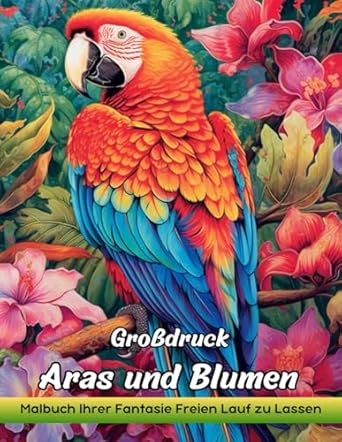 Großdruck Aras und Blumen: Malbuch Für Erwachsene Mit Großgedruckten Aras Und Blumen Zum Stressabbau Und Zur Entspannung