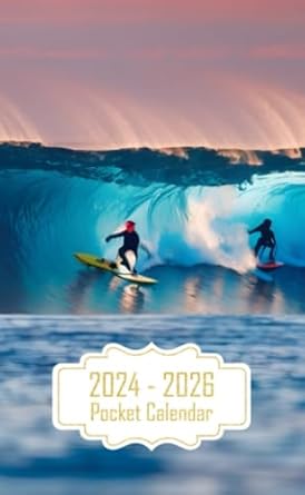 Pocket Calendar 2024-2026: Two-Year Monthly Planner for Purse , 36 Months from January 2024 to December 2026 | Surfer carving | Deep blue ocean | Sunset