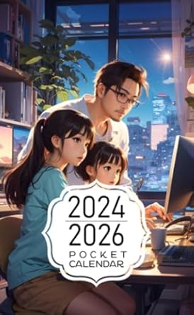 Pocket Calendar 2024-2026: Two-Year Monthly Planner for Purse , 36 Months from January 2024 to December 2026 | Japanese father blogger | Computer desk | Daughter looking on