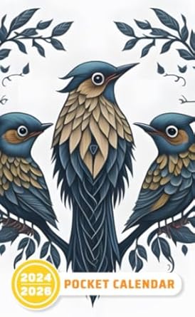Pocket Calendar 2024 - 2026 With Moon Phase: Three-Year Monthly Planner for Purse , 36 Months from January 2024 to December 2026 | Cute birds | Wreath | Fantasy art