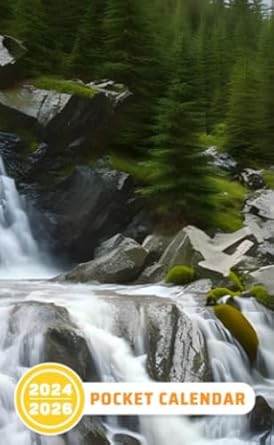 Pocket Calendar 2024 - 2026 With Moon Phase: Three-Year Monthly Planner for Purse , 36 Months from January 2024 to December 2026 | Retro vintage | Waterfall mountains