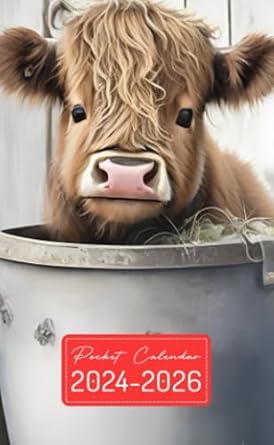 Pocket Calendar 2024-2026: Two-Year Monthly Planner for Purse , 36 Months from January 2024 to December 2026 | Highland baby cow | Rustic wood bucket ... wood boards | T-shirt design | Fantasy art
