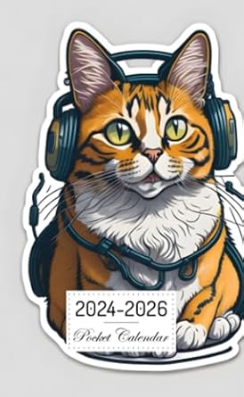 Pocket Calendar 2024-2026: Two-Year Monthly Planner for Purse , 36 Months from January 2024 to December 2026 | Joyful cat with headphones | Laptop screen | Vermeer style