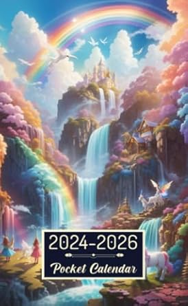 Pocket Calendar 2024-2026: Two-Year Monthly Planner for Purse , 36 Months from January 2024 to December 2026 | Enchanting scene | Rainbow-colored waterfall | Flying unicorns | Fairies