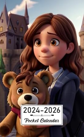 Pocket Calendar 2024-2026: Two-Year Monthly Planner for Purse , 36 Months from January 2024 to December 2026 | Young female character | Teddy bear | Hogwarts castle