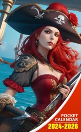 Pocket Calendar 2024 - 2026 With Moon Phase: Three-Year Monthly Planner for Purse , 36 Months from January 2024 to December 2026 | Pirate woman | Red hair | Majestic ship | Sword | Beautiful hat