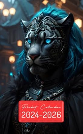 Pocket Calendar 2024-2026: Two-Year Monthly Planner for Purse , 36 Months from January 2024 to December 2026 | Highly-detailed face | Panther ... | Black fur | Cyan tattoos | Amber eyes