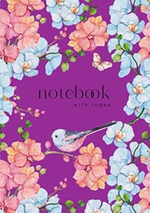 Notebook with Index: A5 Lined-Journal Organizer Medium with A-Z Alphabetical Sections | Watercolor Orchid Flower Bird Design Purple