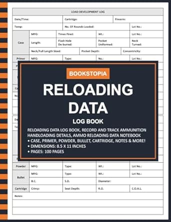 Reloading Data Log Book: Ammo Reloading Data Log Book for Record and Track Ammunition Handloading Details, Reloading Data Notebook